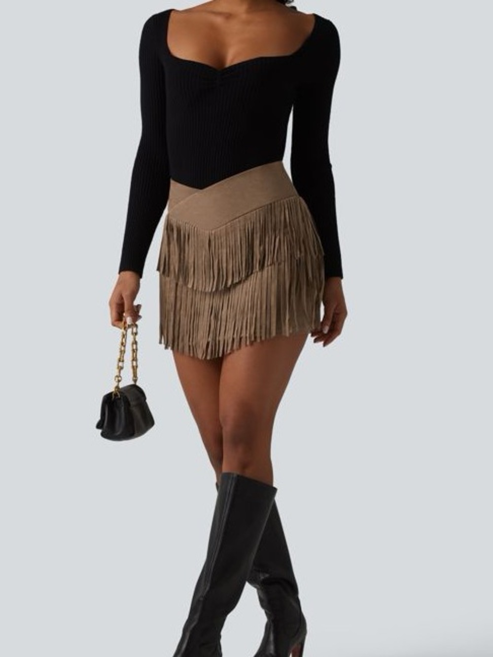 Halara Brown Fringe Suede Skort Crossover Waist Built-In Shorts Size Medium